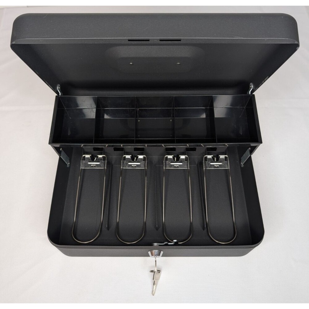 Large Lockable Cash Box with Money Tray & Key, Black, 11.8x9.45x3.54 - Picture 4 of 10